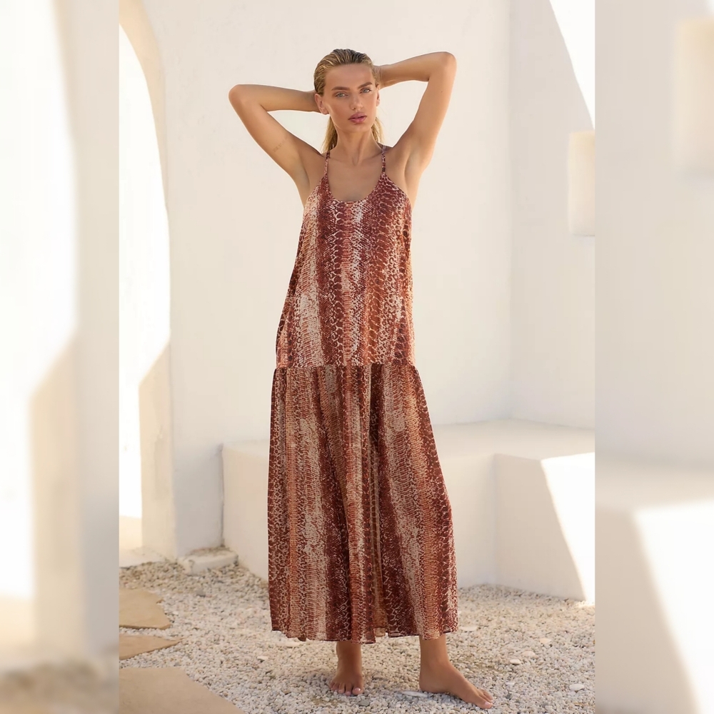 By Anthropologie Sleeveless Sheer Midi Dress Brown Snakeskin Women's Medium‎